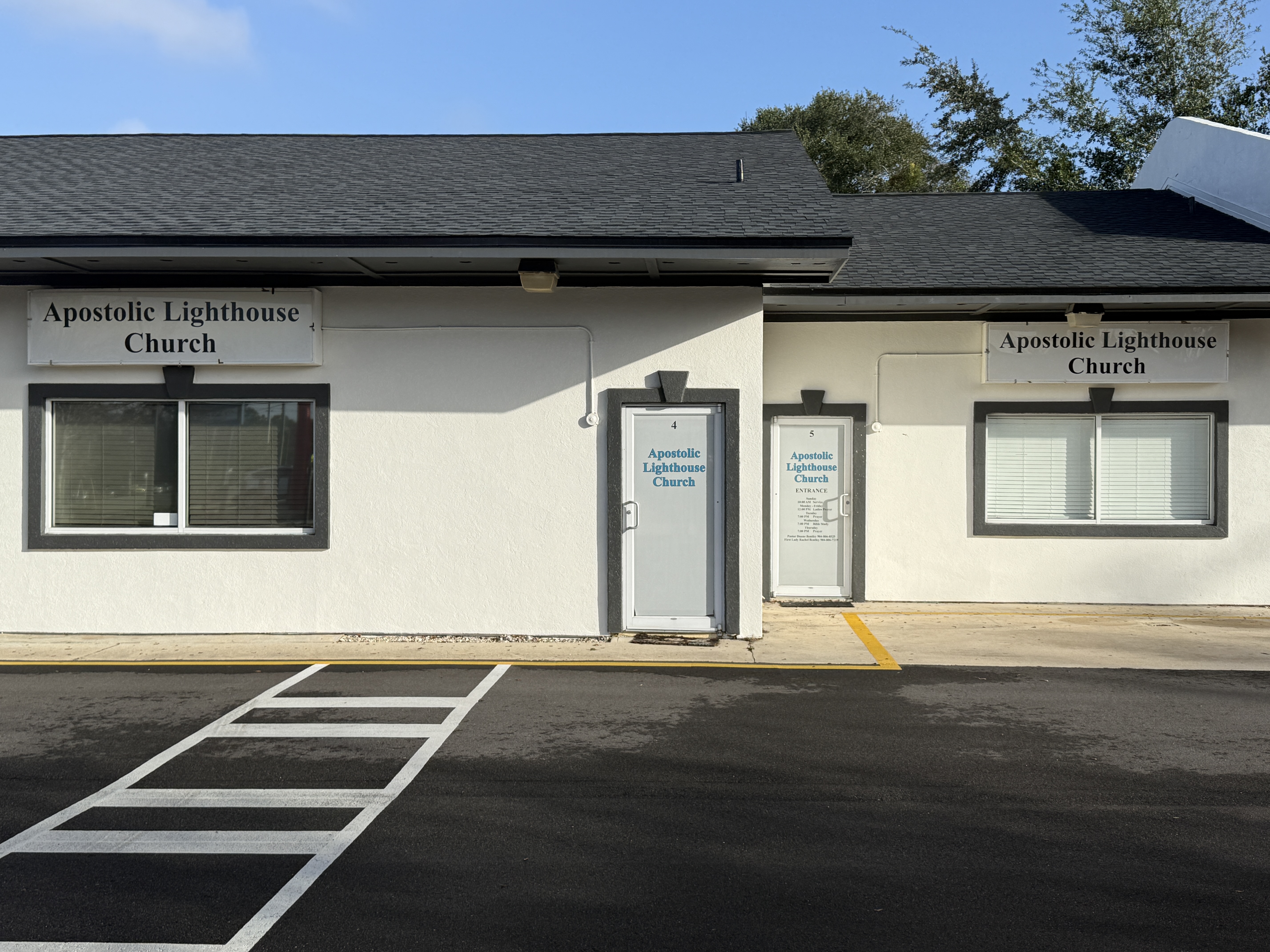 Exterior of Apostolic Lighthouse Church, showing the Unit 5 entrance